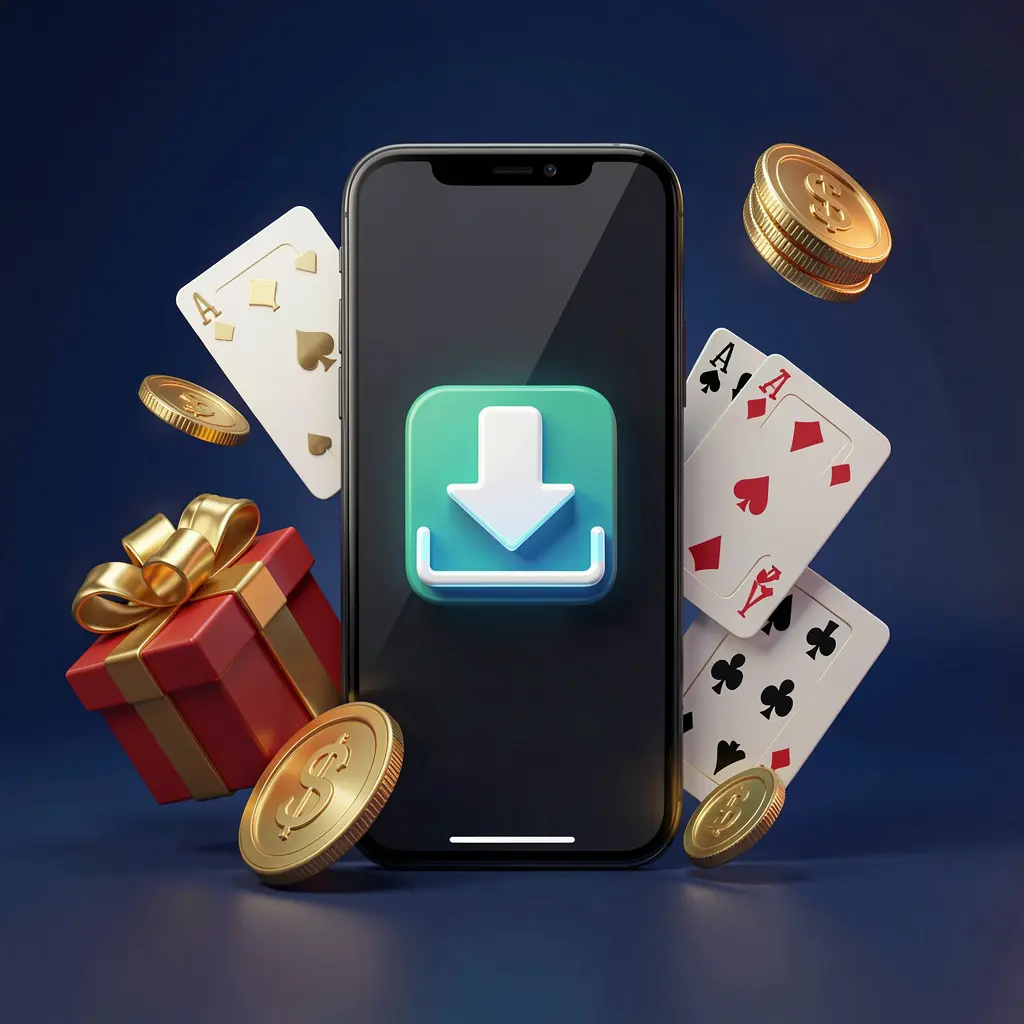PPP1 casino app download concept showing a smartphone with a download icon surrounded by golden coins, a gift box, and playing cards in a modern mobile gaming atmosphere