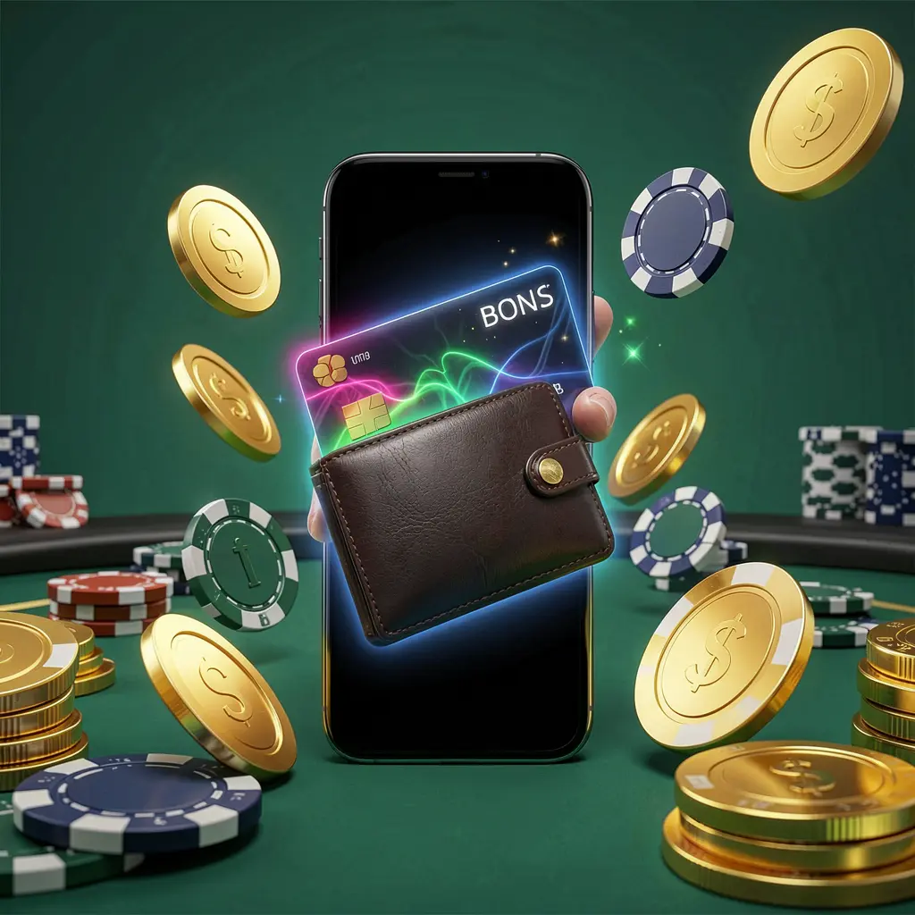 PPP1 deposit bonus concept showing a smartphone wallet with a glowing payment card surrounded by golden coins and poker chips in a modern mobile casino style