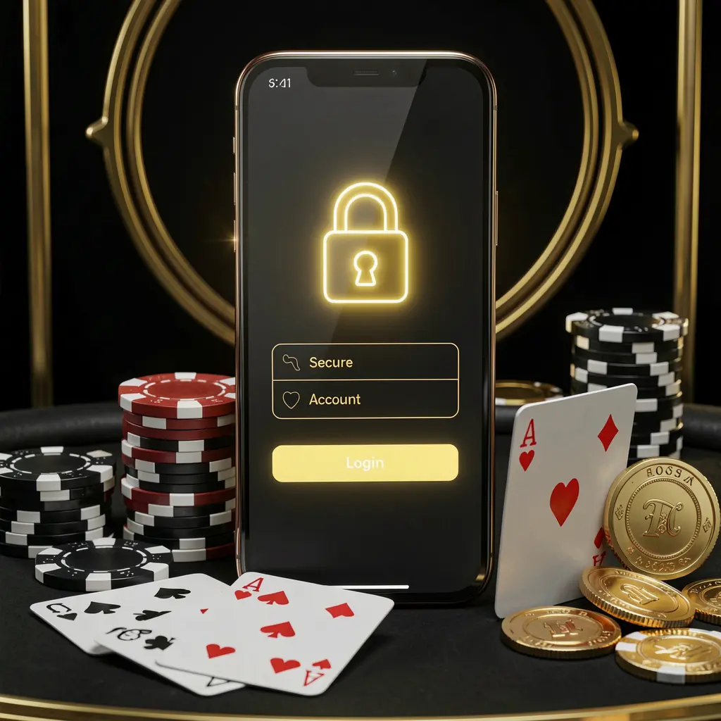 PPP1 secure casino account login concept with glowing lock icon on smartphone screen surrounded by poker chips, playing cards, and golden coins on an elegant black and gold background