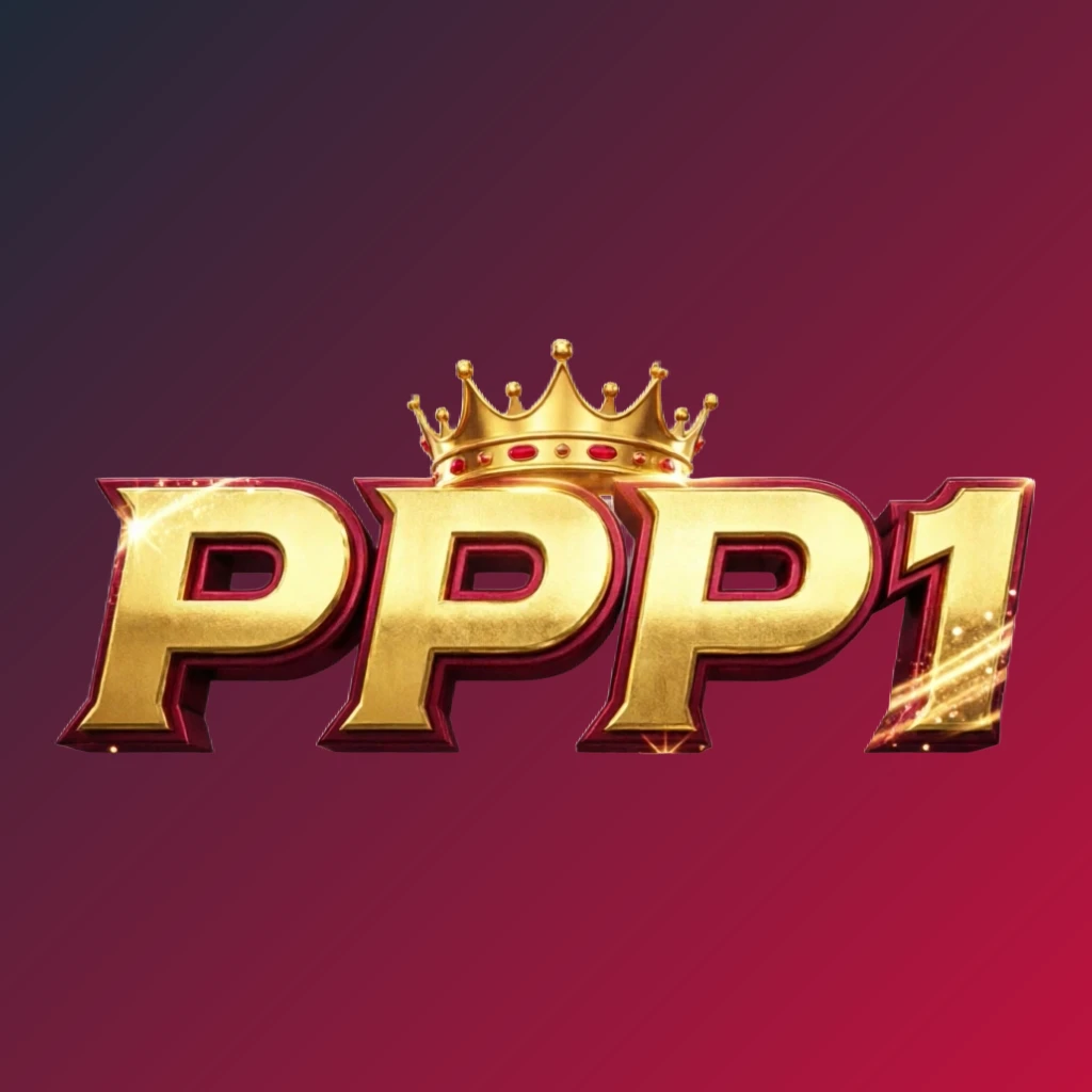 Dynamic casino-style logo for PPP1 featuring massive bold lettering in bright gold and crimson colors with a glowing crown and sparkling light effects on a transparent background